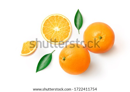 Flat lay (top view) of Fresh orange fruit with sliced and green leaves  isolated on white background. Royalty-Free Stock Photo #1722411754