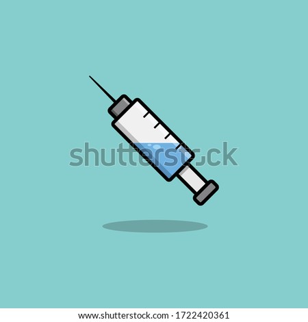 Syringe with vaccine for immunization injection. Cute cartoon vaccine syringe. Isolated vector clip art illustration