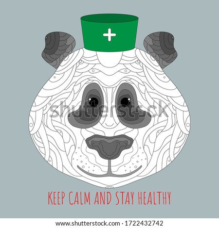 Doctor panda in a medical cap. Keep calm and stay healthy. Help during coronavirus COVID-19 pandemic. Zentangle stylized vector illustration. Good medical worker bear. Medical assistance for animals.