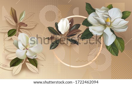 Wall mural with flowers and geometry on a brown background. Wall mural, wallpaper, postcard, background.