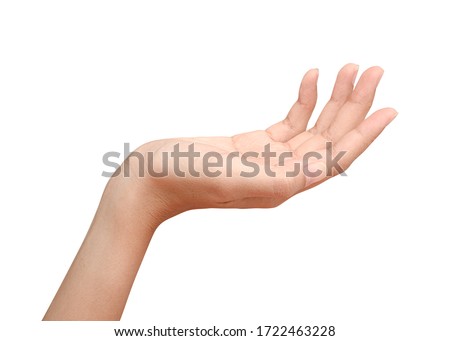 Hand open and ready to help or receive. Gesture isolated on white background with clipping path. Helping hand outstretched for salvation. Royalty-Free Stock Photo #1722463228