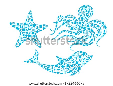 Plastic waste ocean environment problem concept vector illustration. Ocean animals outline set filled with plastic waste flat icons, isolated on white background. Underwater wildlife danger concept