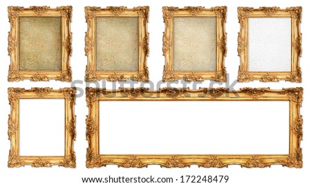 old golden frame with different empty grunge cracked canvas and examples for your picture, photo, image