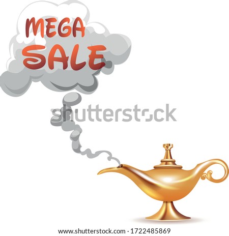 Mega sale special offer. End of season special offer banner. Aladdin's Lamp and word sale