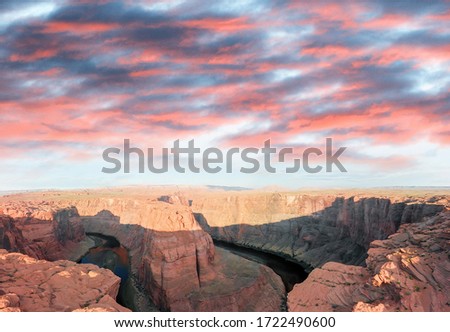 Aerial panoramic view of beautiful horseshoe bend on sunny afternoon, Page, Arizona.