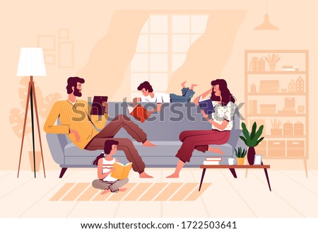 A friendly family reads books together in the living room at home. Parents and children are sitting on the couch. The concept of joint family reading Royalty-Free Stock Photo #1722503641