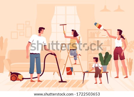 Cheerful friendly family cleans at home in the living room. Parents and children clean up the room together. Spring and summer cleaning Royalty-Free Stock Photo #1722503653