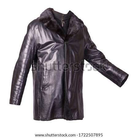 leather male sheepskin coat with black sweater isolated on white background.black leather men's jacket with fur