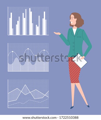 Woman showing information on board vector, monochrome charts and data, lady presenter with info, person with clipboard and papers reports on business