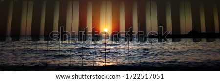 Beautiful Sunset and piano keyboard in Greek island on summer holidays. love couple tenderness scenery, exotic destination Mediterranean meditation. romantic togetherness calm vacation travel yoga