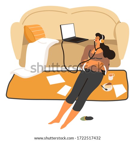 Depressive woman listening to music from laptop. Female character staying at home with mess in house, lady with closed eyes relaxing after working day. Girl wearing headphones, vector in flat