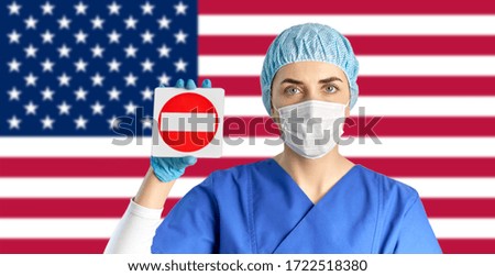 health, medicine and pandemic concept - female doctor or nurse wearing face protective mask for protection from virus disease and hat showing stop sign over usa flag of on background