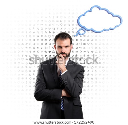 Businessman thinking over white background with pattern icons