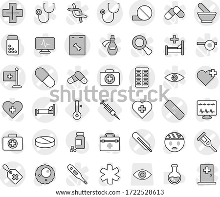 Editable thin line isolated vector icon set - medical thermometer vector, label, crutch, doctor case, patch, stethoscope, pill, pills blister, mortar, hospital bed, flag, roentgen, cross, syringe