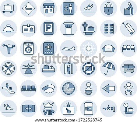 Blue tint and shade editable vector line icon set - airport tower vector, dispatcher, runway, suitcase, arrival, baggage conveyor, trolley, bus, parking, spoon and fork, coffee machine, umbrella