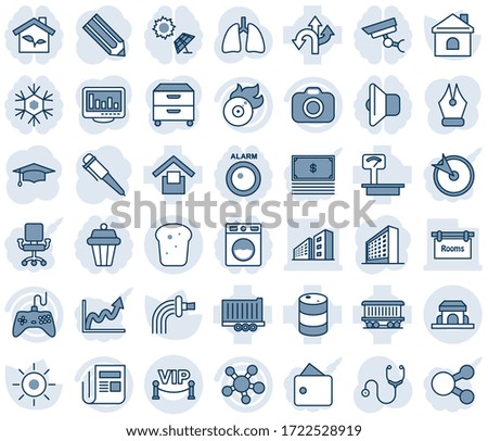 Blue tint and shade editable vector line icon set - office building vector, graduate, pen, pencil, watering, house, sun, stethoscope, lungs, route, railroad, truck trailer, warehouse storage, camera
