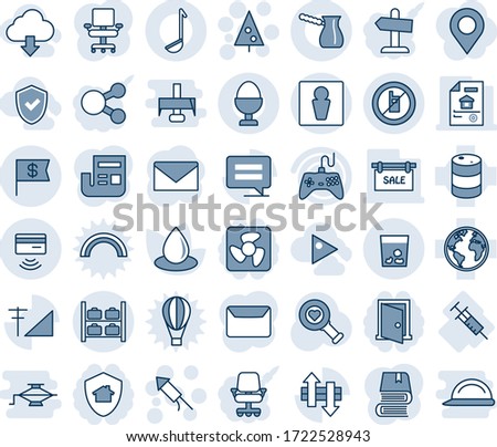 Blue tint and shade editable vector line icon set - male vector, luggage storage, no mobile sign, trash, christmas tree, firework rocket, mail, water drop, heart diagnostic, syringe, earth, gamepad