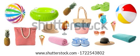 Set of items needed in summer vacation on white background. Banner design Royalty-Free Stock Photo #1722543802