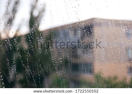 Warm rainy summer day part. Rain on the glass. Building and trees outside the window