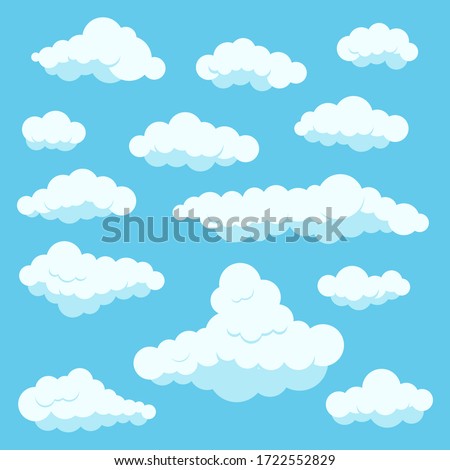 Clouds white color icon set isolated on blue heaven background. Cartoon cute fluffy clouds collection for sky scene and backgrounds. Flat design clip art vector illustration.