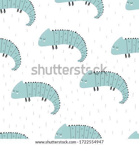 Seamless pattern with cartoon iguanas, decor elements. colorful vector for kids. Animals. hand drawing, flat style. baby design for fabric, print, textile, wrapper