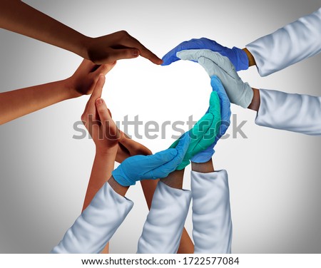 Community and Health Workers and Essential care medical group or hospital medicine teamwork as a group of doctors and nurses joining together in a heart shape with patients in a 3D illustration style.