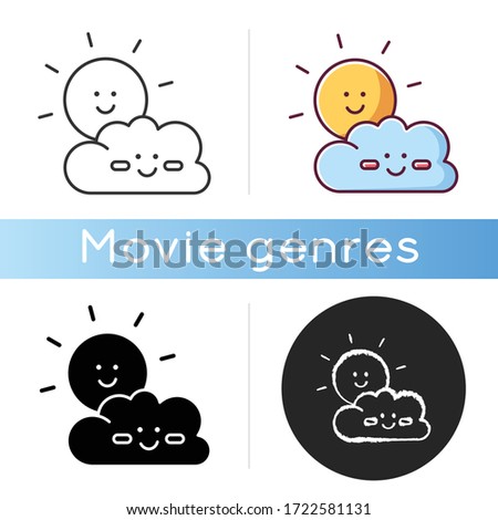 Children cartoons icon. Linear black and RGB color styles. Childish toons, animated movies and TV series. Kid friendly, positive genre. Smiling sun and cloud isolated vector illustrations