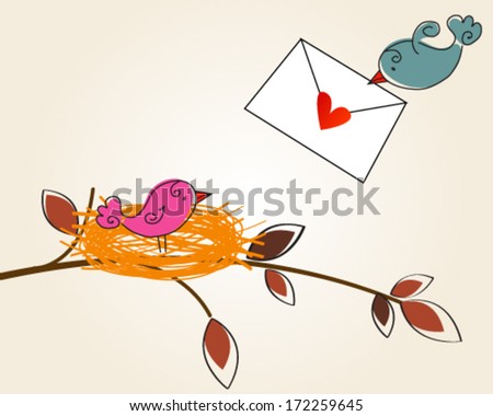 Vector hand drawn style illustration of cute birds in love