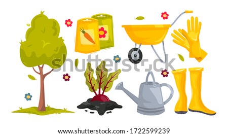 Set cartoon gardening tools vector illustration isolated on white background. Tree, seeds, beets in ground, garden cart, mittens, boots, watering can. Farm or garden working equipment.  Royalty-Free Stock Photo #1722599239