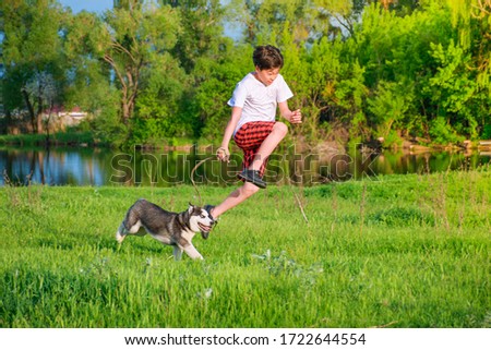 children play with husky puppy