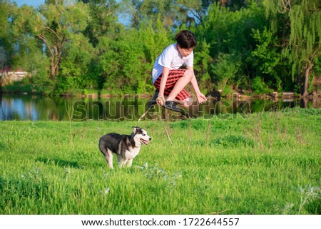 children play with husky puppy