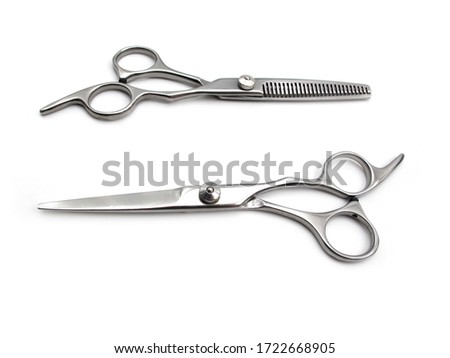 Scissors Barber, Salon , Haircut, Hairdressing, Professional haircutting , Realistic Metal silver, Classic, Scissors for a hairstyle on White Background