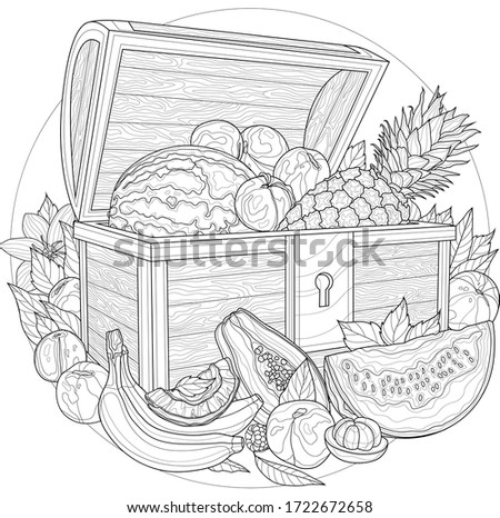 
Fruit chest.Pineapple, watermelon, peaches, coconut, mangosteen, 
banana,papaya, raspberries.Coloring book antistress for children and adults. Illustration isolated on white background. Outline style