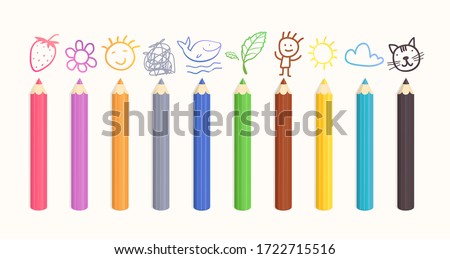 Color pencils collection with doodle pictures hand drawn. Vector clipart collection of school supplies realistic colorful set with sample crayon drawings.