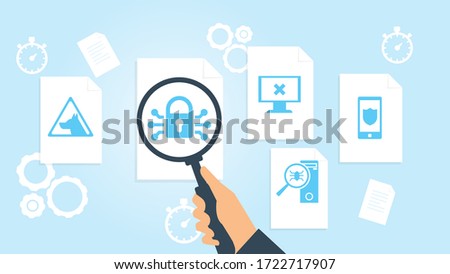 Scan eye, security file, document research vector illustration. Document with search icons. File and magnifying glass. Analytics research sign. Vector Illustration