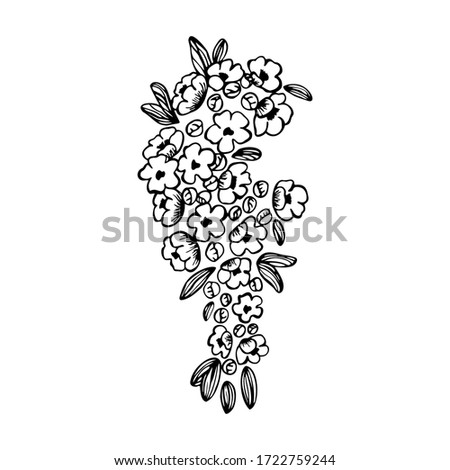 Hand drawn a branch of a flowering tree isolated on a white background. Doodle, simple outline illustration. It can be used for decoration of textile, paper and other surfaces.