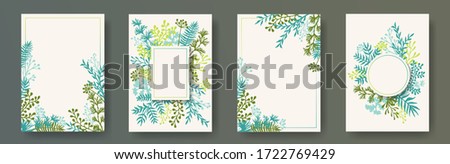 Wild herb twigs, tree branches, leaves floral invitation cards set. Herbal corners vintage invitation cards with dandelion flowers, fern, lichen, eucalyptus leaves, savory twigs.
