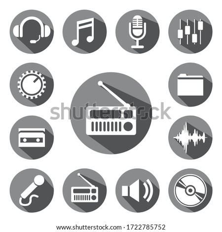 Music and sound button icons. Gray color icons with shadow.