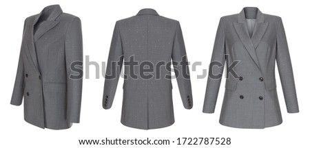 Beautiful luxurious female classic gray jacket, front view, back and three quarters, clipping path, ghost mannequin isolated on white background Royalty-Free Stock Photo #1722787528