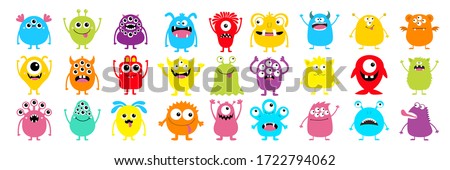 Happy Halloween. Monster colorful silhouette super big icon set. Cute kawaii cartoon scary funny baby character. Eyes, tongue, tooth fang, hands up. Flat design. White background. Vector illustration Royalty-Free Stock Photo #1722794062