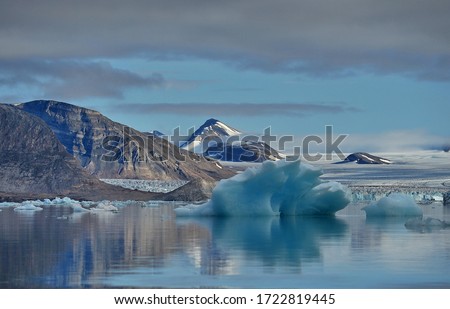 Blue ice drifting iceberg. Landscape of the Svalbard archipelago.