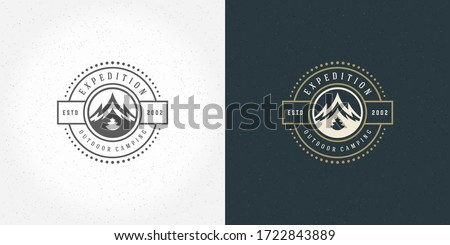 Mountain camping logo emblem outdoor landscape vector illustration rock hills silhouette for shirt or print stamp. Vintage typography badge design.