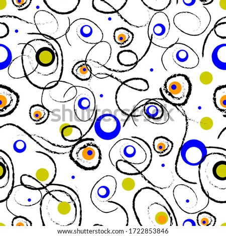 Abstract pattern consists of geometric and wavy elements in different colors. The elements are round. White background
