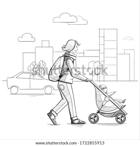 Vector illustration. Mother and her child walking on the street.