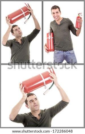 A man trying to use fire extinguisher