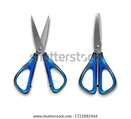 blue stationery scissors open and closed isolated on white background