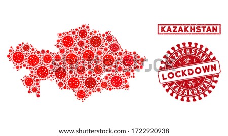 Covid-2019 virus collage Kazakhstan map and seal stamps. Red round lockdown distress seal. Vector coronavirus infection icons are organized into illustration Kazakhstan map.