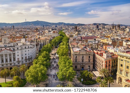 Barcelona Spain, high angle view city skyline at La Rambla street