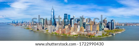 Aerial Panoramic View of the New York City skyline from New York Harbor near Liberty State Park in New Jersey