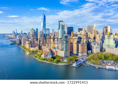 Aerial View of the Manhattan Financial District City Skyline along the Hudson River from New York Harbor